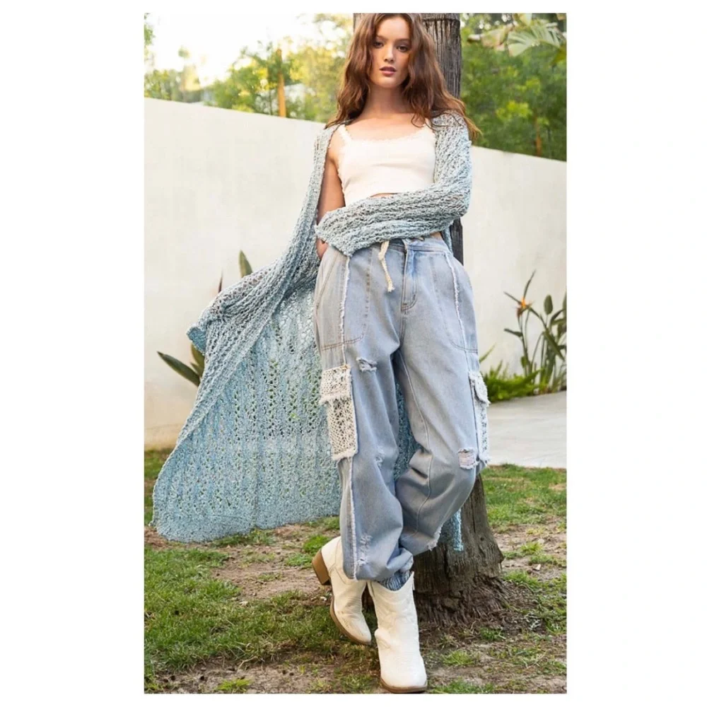 $38 start LAST ONE ❤️Pretty POL Rolling Edge detail Long Powder Blue Cardigan - Picture 3 of 7